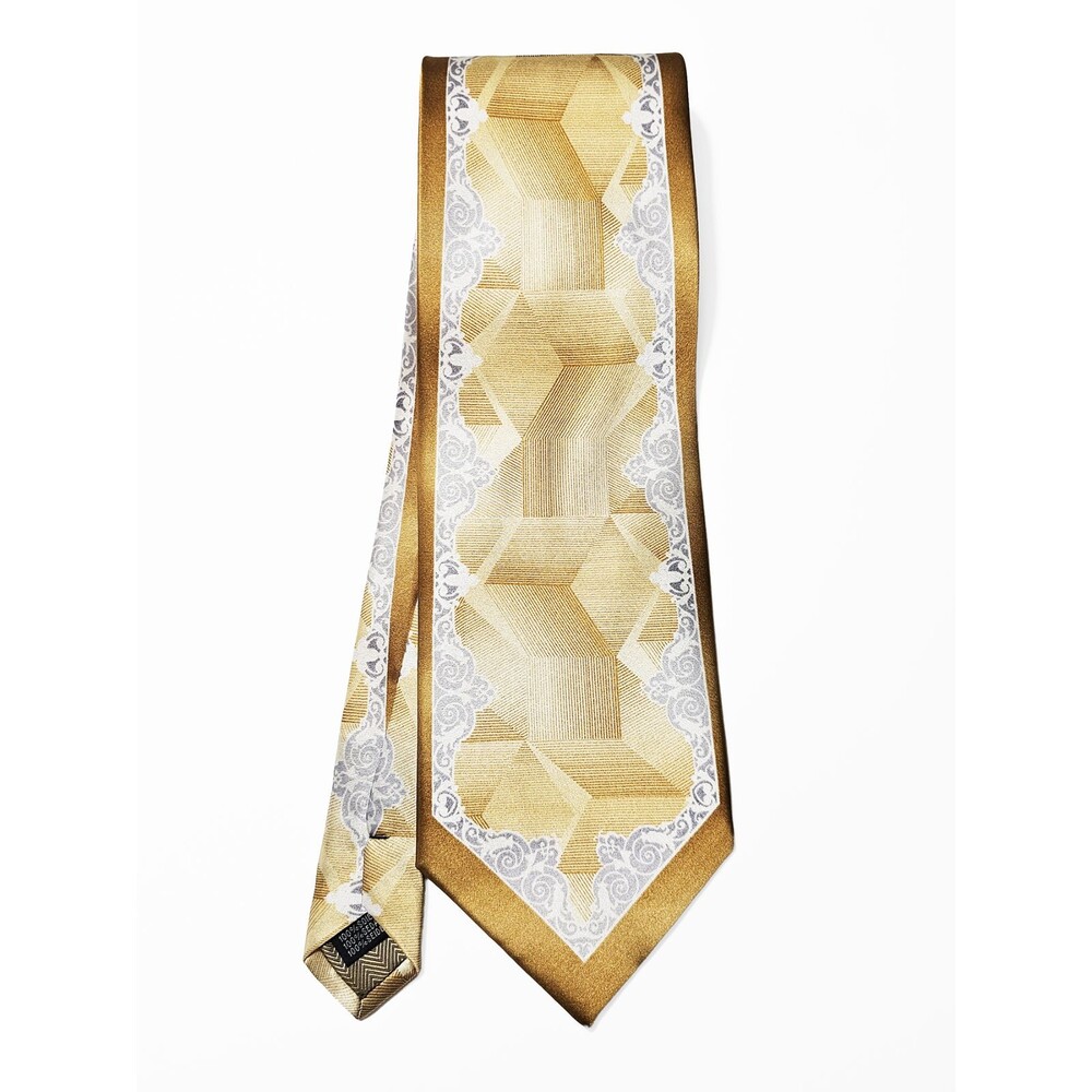 Steven Land Geomettic Scroll Pattern Gray Yellow Retro Silk Neck Tie